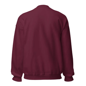 Back view of a unisex maroon crew neck sweatshirt with long sleeves