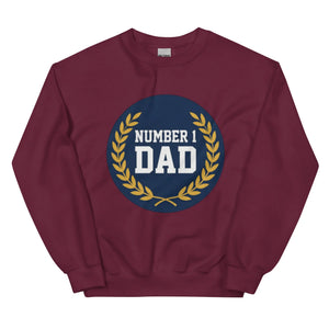Maroon unisex crew neck sweatshirt with 'Number 1 Dad' and laurel wreath graphic on front.