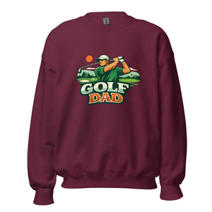 Maroon crew neck sweatshirt with Golf Dad graphic and golfer illustration on front.