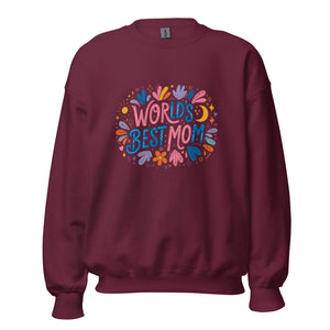 Maroon unisex crew neck sweatshirt with 'World's Best Mom' colorful graphic on front