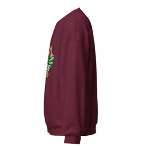 Unisex maroon crew neck sweatshirt with colorful front graphic, side view