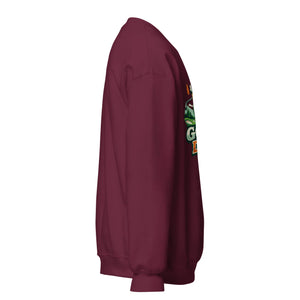 Unisex maroon crew neck sweatshirt with colorful graphic on front, side view