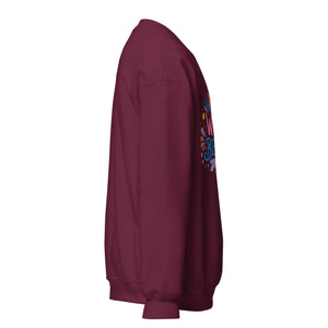 Unisex maroon crew neck sweatshirt with colorful graphic on front, right side view