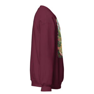 Maroon unisex crew neck sweatshirt with colorful graphic design on front, side view