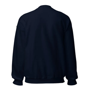 Back view of unisex navy crew neck sweatshirt with long sleeves on white background