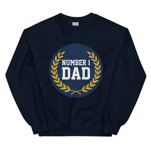 Navy blue unisex crew neck sweatshirt with 'Number 1 Dad' and gold laurel graphic on front.