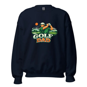 Navy unisex crew neck sweatshirt featuring a 'Golf Dad' graphic with golfer illustration.