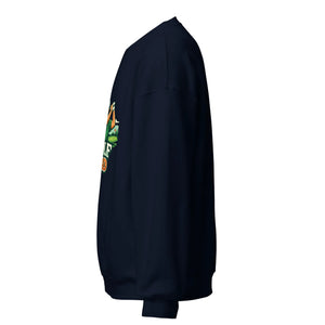 Navy unisex crew neck sweatshirt with colorful chest graphic, side view