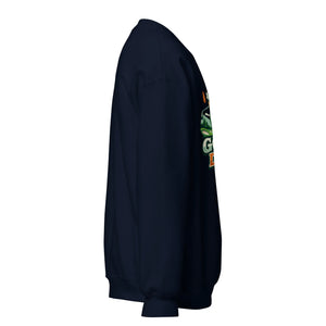 Unisex navy crew neck sweatshirt with colorful front graphic, side view