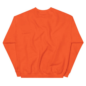 Unisex crew neck sweatshirt in solid bright orange, shown from the back