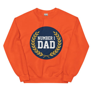 Orange crew neck sweatshirt with 'Number 1 Dad' and laurel wreath graphic on front