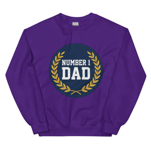 Purple unisex crew neck sweatshirt with 'Number 1 Dad' gold laurel design on front