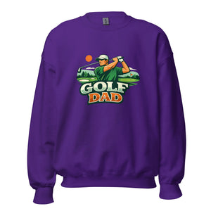 Purple unisex crew neck sweatshirt with Golf Dad graphic and golfer illustration on front