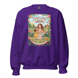 Purple crew neck sweatshirt with colorful Mother's Day illustration and 'Love You Mom' text.