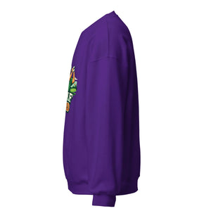 Unisex purple crew neck sweatshirt with partial colorful front graphic, side view