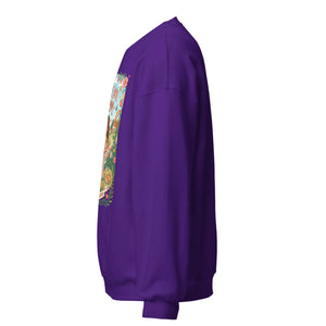 Purple unisex crew neck sweatshirt with colorful graphic on front, side view