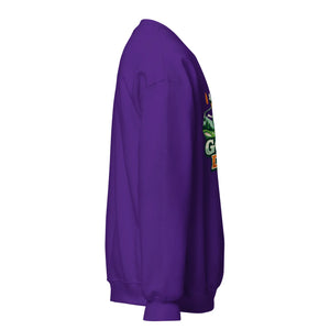 Unisex purple crew neck sweatshirt with colorful front graphic, right side view