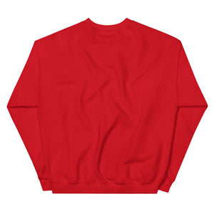 Back view of plain red unisex crew neck sweatshirt with long sleeves on white background