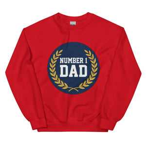Red unisex crew neck sweatshirt with 'Number 1 Dad' and laurel emblem on front