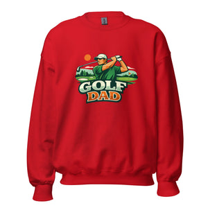 Red unisex crew neck sweatshirt with Golf Dad graphic and golfer illustration on front