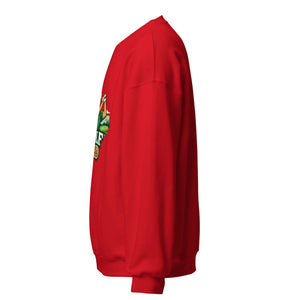 Unisex crew neck red sweatshirt with colorful front graphic, side view