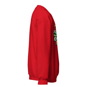 Unisex crew neck sweatshirt in red, shown from the right side with graphic partial view