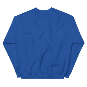 Back view of a royal blue unisex crew neck sweatshirt with long sleeves