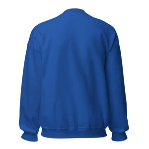 Unisex royal blue crew neck sweatshirt, back view, plain and long sleeve