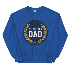 Blue unisex crew neck sweatshirt with 'Number 1 Dad' and gold laurel wreath graphic on front.