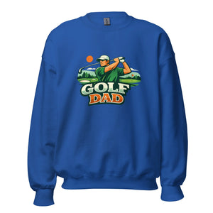 Royal blue sweatshirt with golf dad graphic and golfer illustration on front