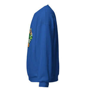 Royal blue unisex crew neck sweatshirt, side view, with colorful front graphic design