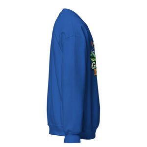 Royal blue unisex crew neck sweatshirt with colorful graphic design, shown side view