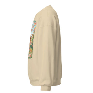 Unisex sand crew neck sweatshirt with colorful graphic on front, side view