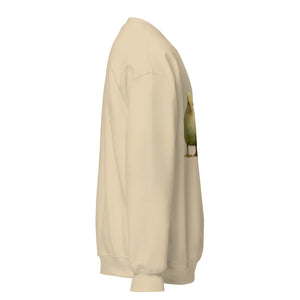 Unisex sand crew neck sweatshirt with watercolor duck print on front, side view