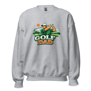 Sport grey unisex crew neck sweatshirt with 'Golf Dad' graphic and golfer illustration on front