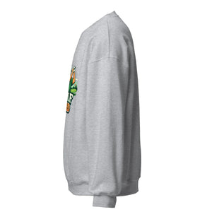 Side view of unisex sport grey crew neck sweatshirt with colorful front graphic design