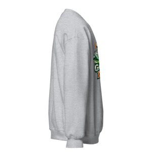 Unisex sport grey crew neck sweatshirt with colorful front graphic, side view