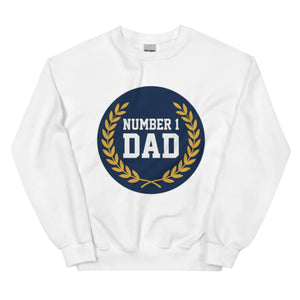 White unisex crew neck sweatshirt with 'Number 1 Dad' laurel design on front