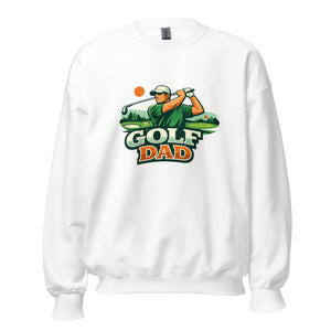 White unisex crewneck sweatshirt with golf dad graphic and golfer illustration on front