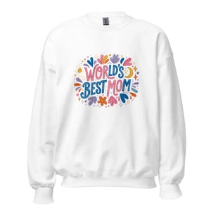 White unisex sweatshirt with colorful 'World's Best Mom' graphic and floral accents