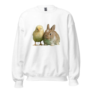 White crew neck sweatshirt with chick and rabbit graphic on front