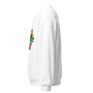 White unisex crew neck sweatshirt with colorful graphic on front, side view