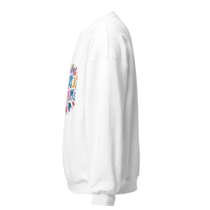 White unisex crew neck sweatshirt with colorful graphic print on the front, side view