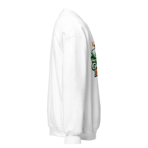 Unisex white crew neck sweatshirt with a colorful front graphic, side view