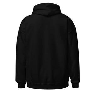 Back view of unisex heavy blend black hoodie with hood and long sleeves
