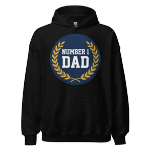 Black unisex hoodie with 'Number 1 Dad' graphic and gold laurel wreath on front