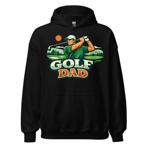 Black unisex hoodie with Golf Dad graphic and golfer illustration on front