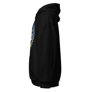 Black unisex hoodie side view with front crest graphic and kangaroo pocket