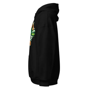 Black unisex hoodie with colorful graphic design on front, shown from left side view