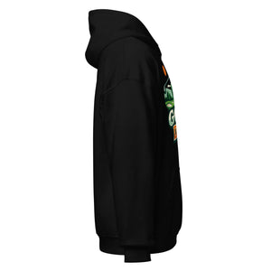 Unisex black hoodie with colorful graphic print, side view, cozy pullover sweatshirt
